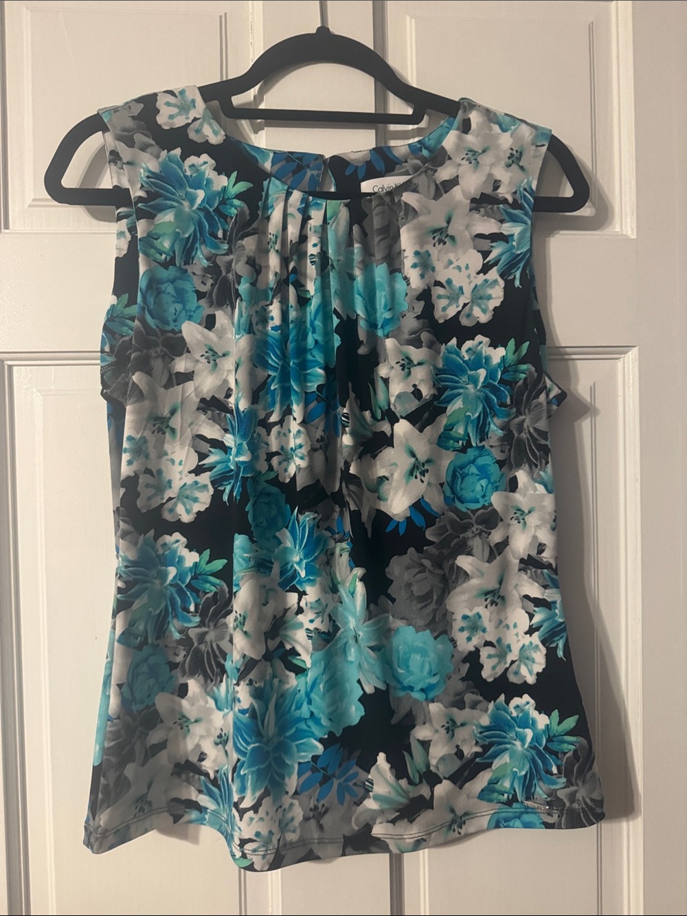 Calvin Klein Black Floral Sleeveless Camisole with Teal & White Blooms